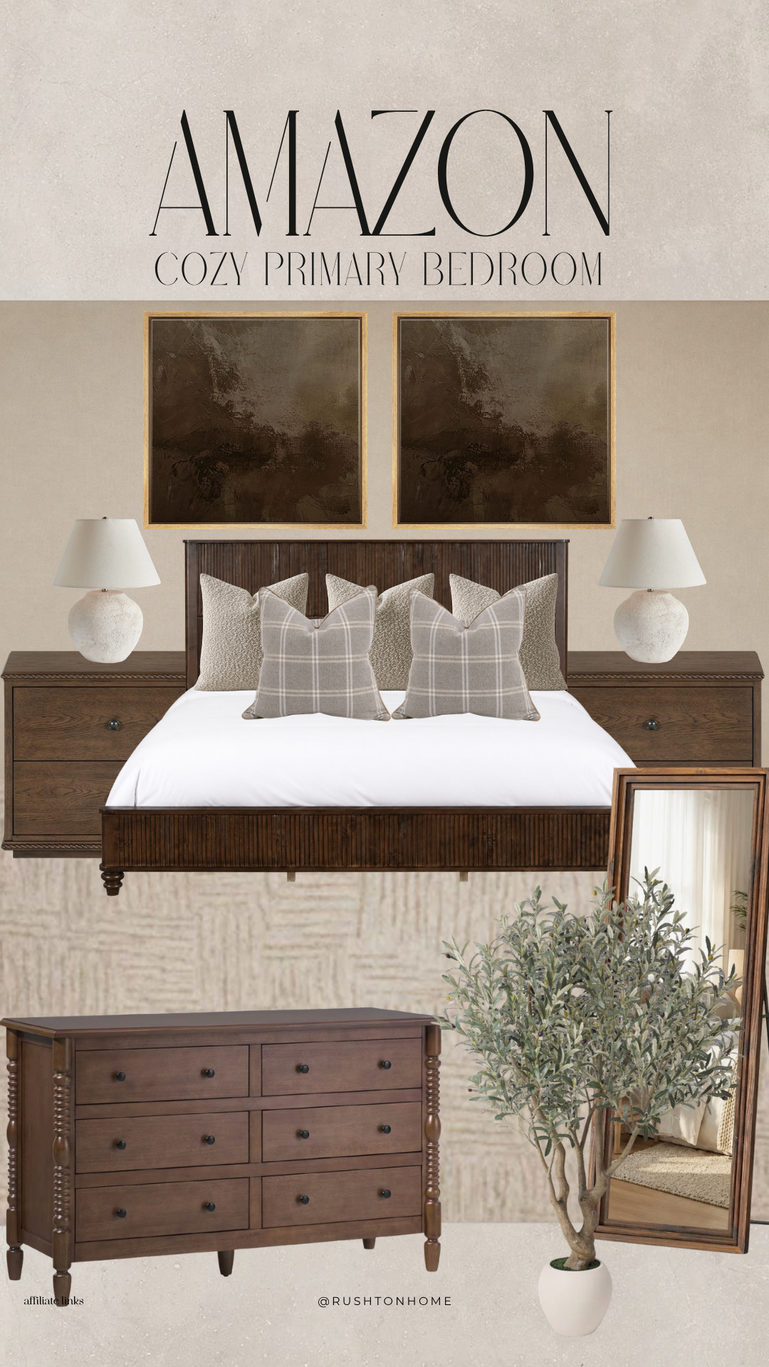 Amazon bedroom finds, Amazon home decor, Amazon furniture finds, cozy primary bedroom, brown bedroom decor, neutral bedroom ideas, warm neutral bedroom, traditional bedroom decor, transitional bedroom design, dark wood bed, wood bedroom furniture, brown dresser, wood nightstands, neutral bedding, plaid throw pillows, neutral area rug, bedroom wall art, vintage inspired bedroom, full length mirror, olive tree decor, faux olive tree, cozy bedroom aesthetic, earthy bedroom decor, moody neutral bedroom, primary bedroom inspiration 

 #LTKHome