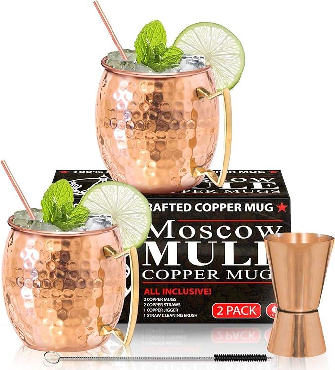 Moscow Mule Copper Mugs - Set of 2-100% HANDCRAFTED - Food Safe Pure Solid Copper Mugs - 16 oz Gi... | Amazon (US)