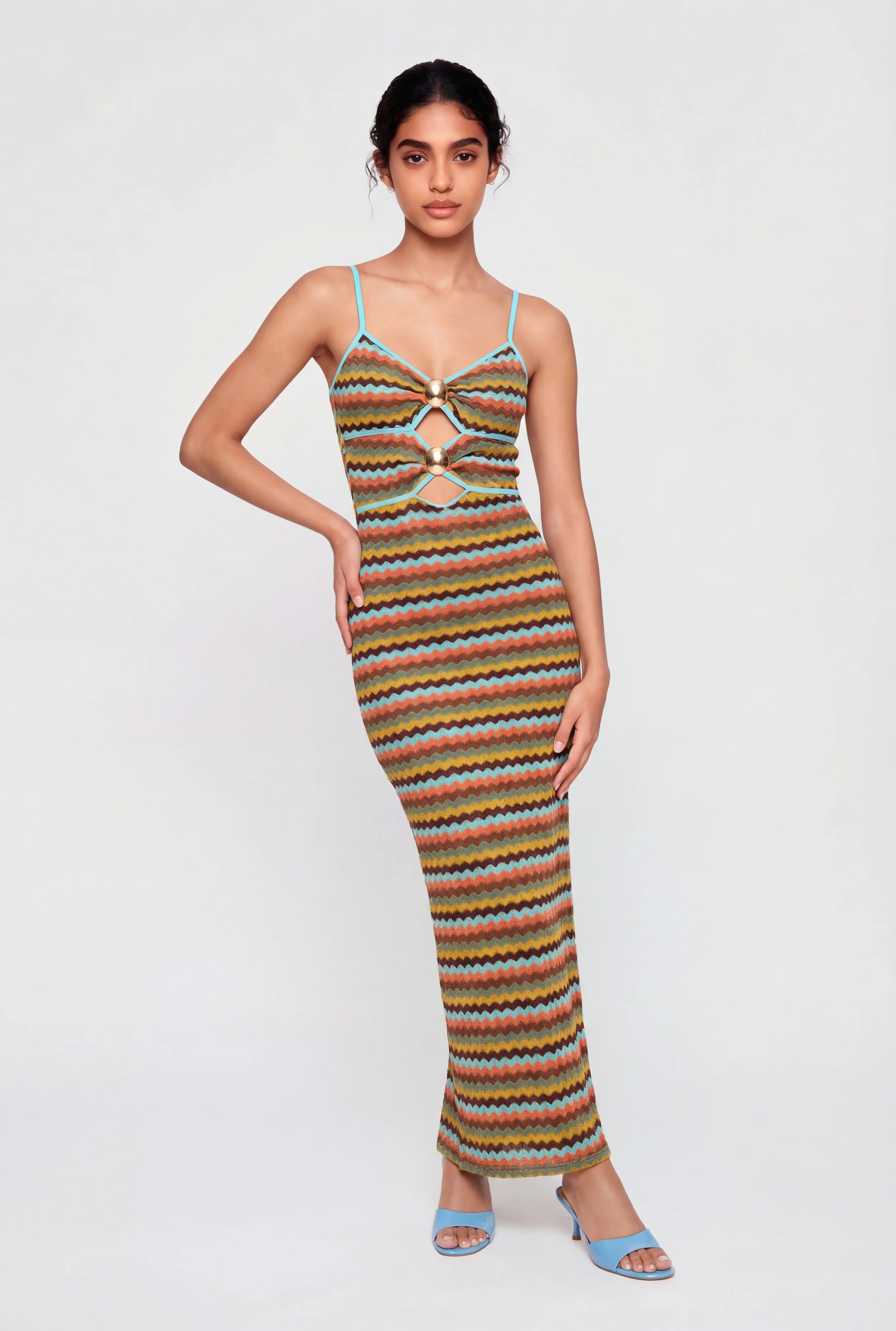Chevron Print Metallic Pendant Keyhole Detail Maxi Dress | Rainbow Shops