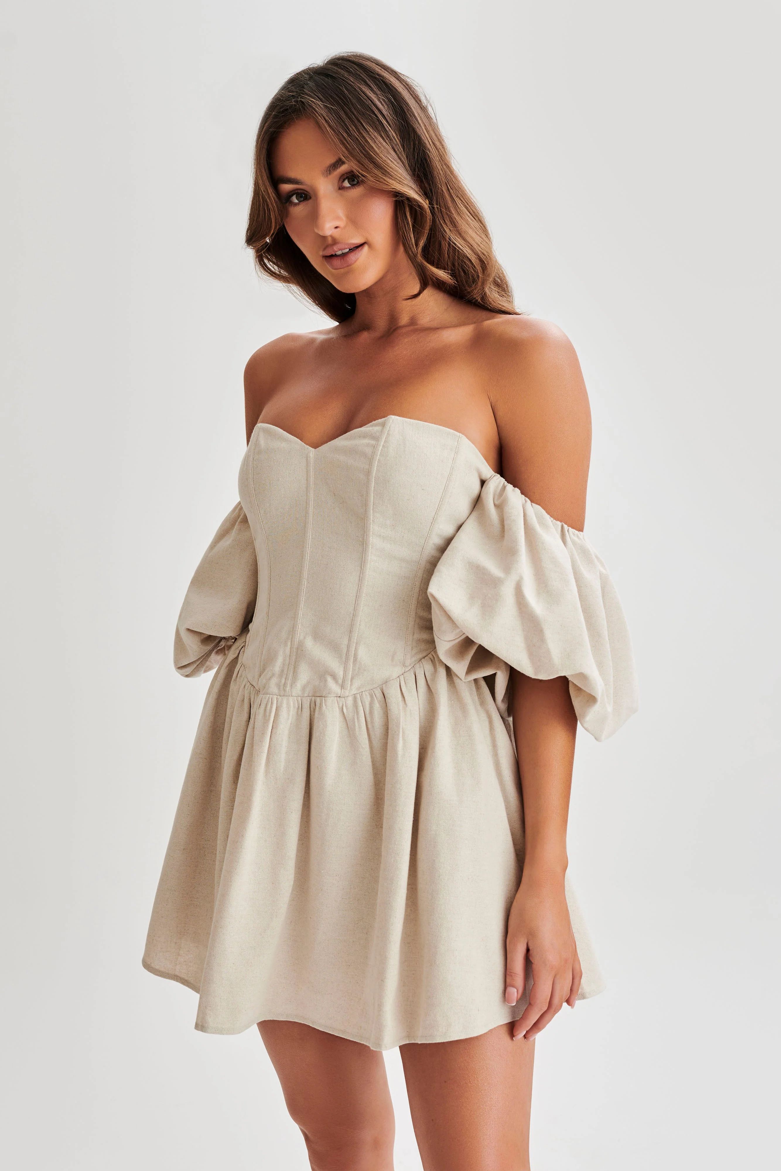 Siran Puff Sleeve Mini Dress - Natural | MESHKI US