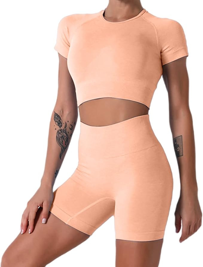 Yoga Outfits for Women 2 Piece Set Tracksuit Seamless Short Sleeve Crop Top Workout Leggings Spor... | Amazon (US)