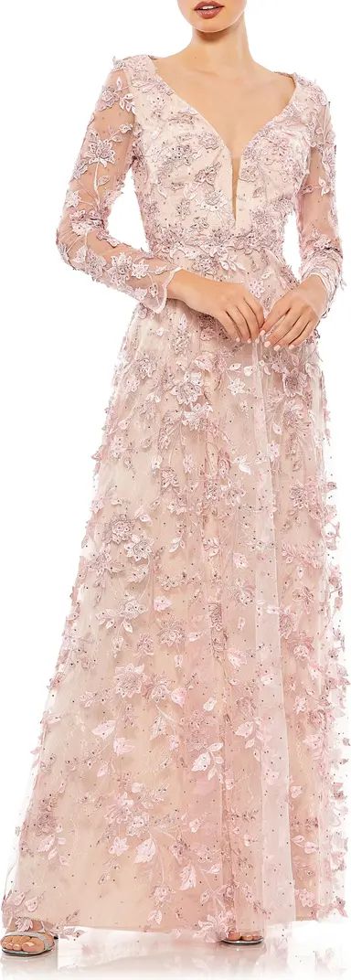 Floral Appliqué Long Sleeve Lace A-Line Gown | Nordstrom