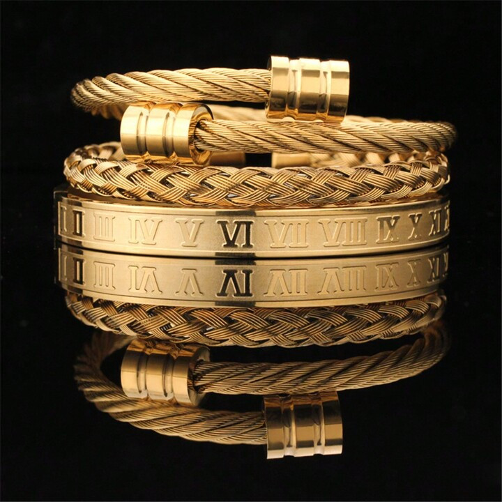 3pcs European And American Fashion Steel Wire Braided Bangle Set With Round Ends And Roman Numerals, Stainless Steel Bracelets For Women | SHEIN