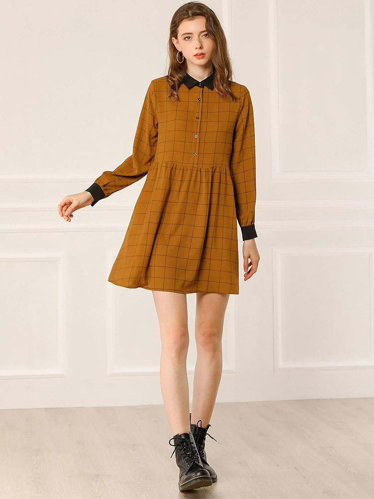 Allegra K Women's Contrast Collar Plaid Loose Fit Casual Babydoll Swing Mini Dresses | Amazon (US)