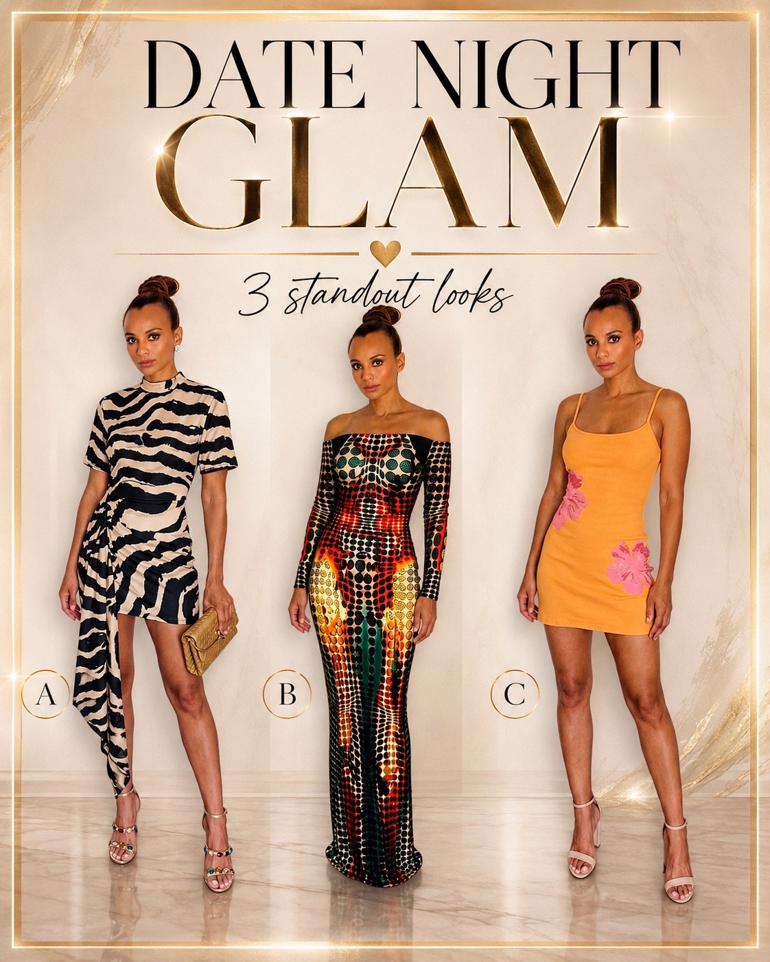 Date night, but make it unforgettable ✨ Three standout looks for three different moods—from bold animal print to statement maxi and playful mini. Which one are you choosing: A, B, or C? 🤎

#LTKStyle #DateNightLook #DateNightOutfit #GlamStyle #StatementDress #FashionOver40 #StyleInspo #NightOutLook #DressToImpress #LTKFinds

#LTKootd #LTKOver40 #LTKSaleAlert