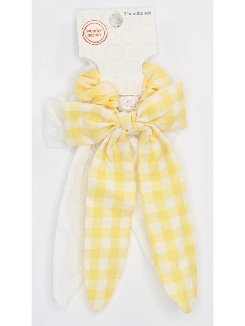 Wonder Nation Girls Gingham Print and Eyelet Twister Scarf Hair Ties, 2-Piece, Yellow/White | Walmart (US)