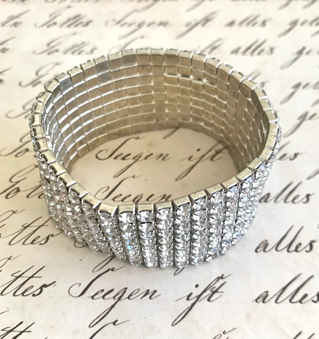Vintage Rhinestone Stretch Cuff Bracelet - Etsy | Etsy (US)