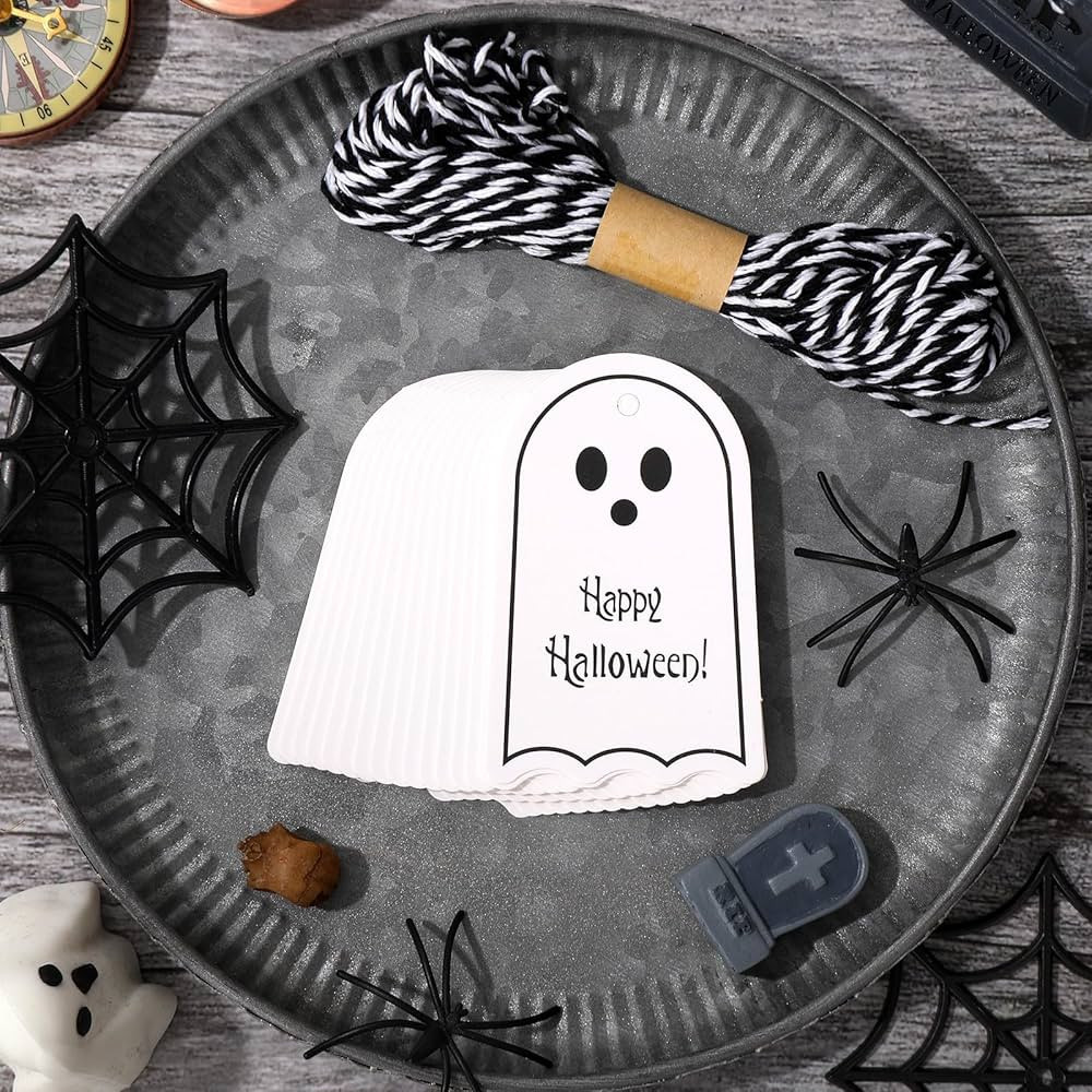 Whaline 100Pcs Happy Halloween Paper Gift Tags White Ghost Hanging Name Tags with Hemp Rope Spook... | Amazon (US)