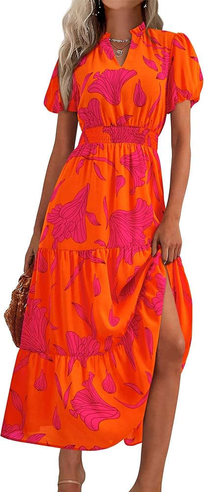 MASCOMODA Summer Maxi Dresses for Women 2026 Casual V Neck Puff Short Sleeve Smocked Flowy Beach ... | Amazon (US)