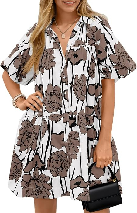 Wenrine Women's Summer Button Down Shirt Dress Floral Puff Short Sleeve | Amazon (US)