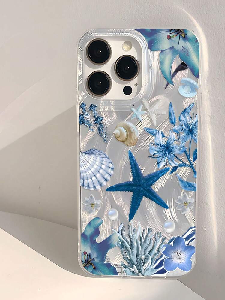 Shockproof Ocean Elements 1pc Summer Healing Ocean Life & Floral Pattern Phone Case, Thick Transparent Protective Cover Compatible With Samsung A05, A05S, A13, A14, A15, A53, A54, A55, A56, S22, S23, S24, S25, Compatible With IPhone 11, 12, 13, 14, 15, 16, 17 Pro Max, International Version, Not The Domestic Version Spring | SHEIN