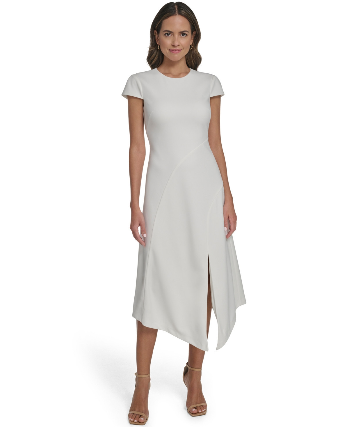 Vince Camuto Women's Scuba Crepe Asymmetric Crewneck Midi Dress - Ivory | Macy's