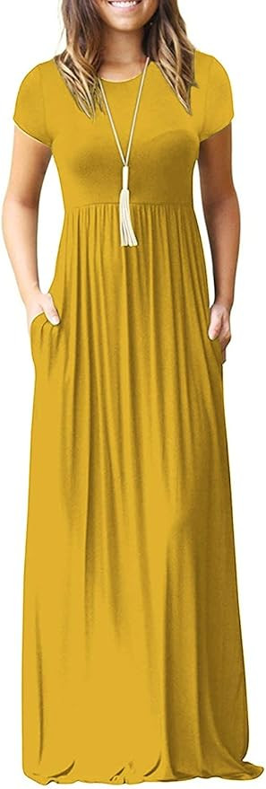 DEARCASE Maxi Dress for Women Short Sleeve Casual Summer Loose Plain Comfy Long Dresses with Pock... | Amazon (US)