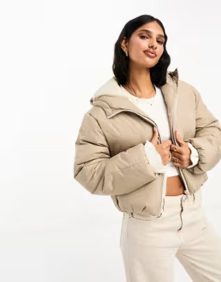ASOS DESIGN cropped puffer jacket with hood in putty | ASOS (Global)