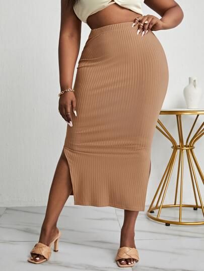 SHEIN SXY Plus Split Hem Rib-knit Pencil Skirt | SHEIN