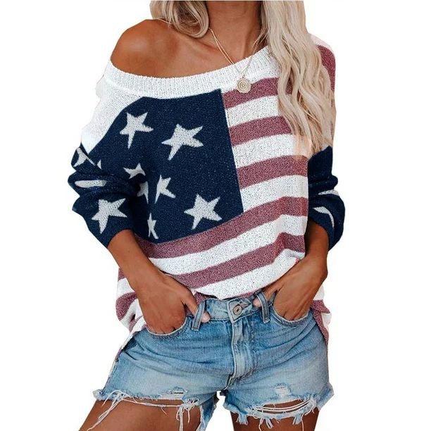 Coutgo Women's Autumn Off-the-shoulder Sweater American Flag Knitted Pullover | Walmart (US)