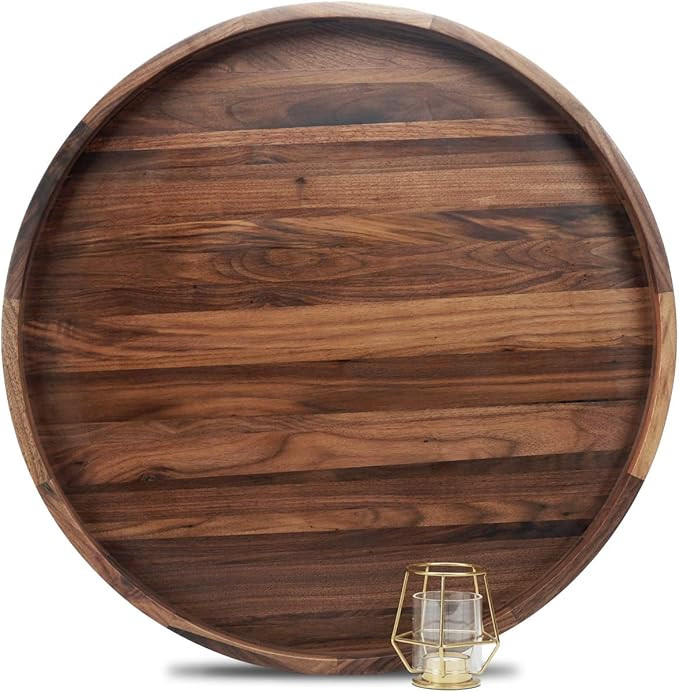 24 Inches Extra Large Round Black Walnut Wood Ottoman Tray with Handles, Serve Tea, Coffee or Bre... | Amazon (US)