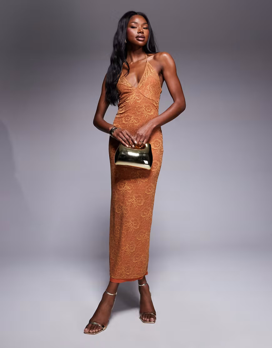 ASOS DESIGN cami lace maxi dress with sheer panels in orange | ASOS (Global)