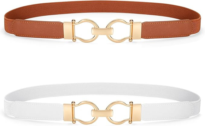 JASGOOD 2 Pack Skinny Elastic Belts for Women Thin Stretchy Waist Belt for Dresses with Gold Buck... | Amazon (UK)