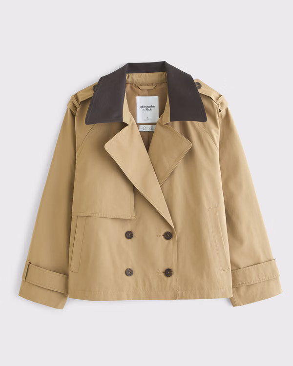 Vegan Leather Collar Relaxed Short Trench Coat | Abercrombie & Fitch (US)