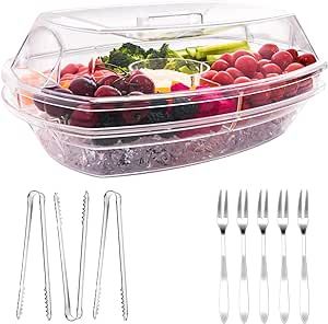Large Ice Serving Tray for Parties with 5 Stainless Steel Forks and 3 Tongs, Chilled Veggie Fruit... | Amazon (US)