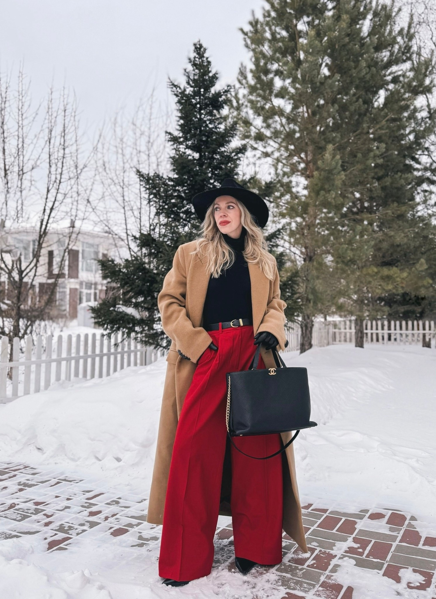 Camel coat winter outfit, black red and camel outfit, red wide leg trousers, black leather gloves, black wool hat 

#LTKFindsUnder100 #LTKOver40 #LTKWorkwear