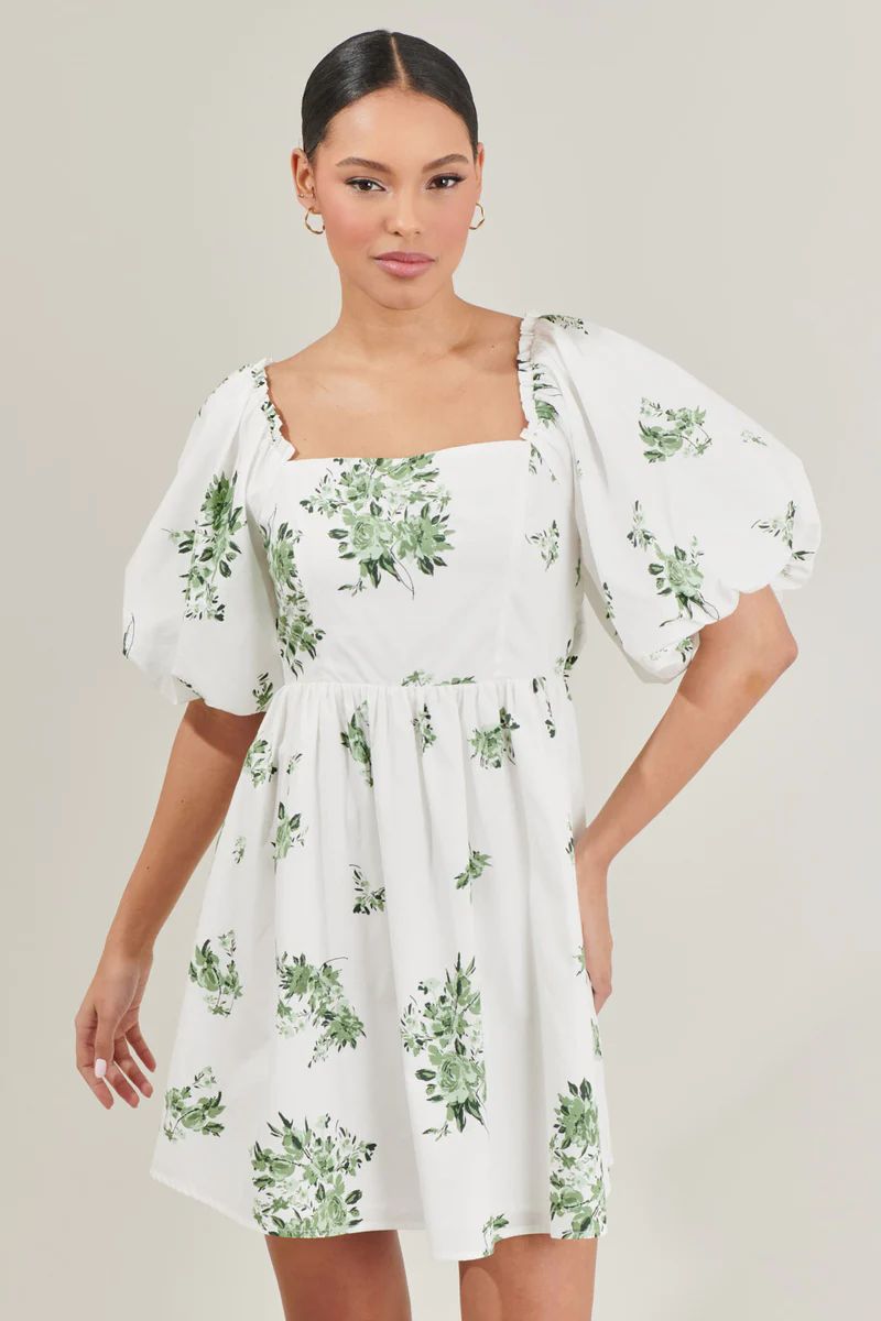 Ria Floral Marion Puff Sleeve Babydoll Mini Dress | Sugarlips