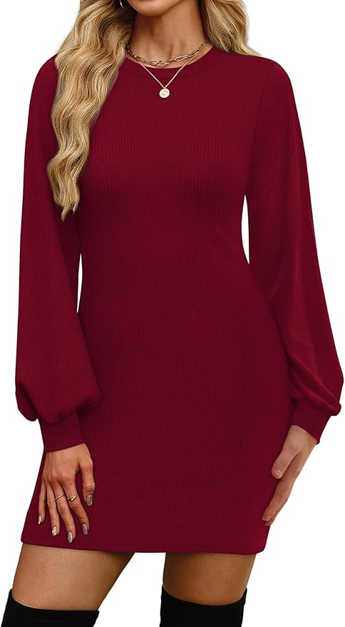 OFEEFAN Sweater Dresses for Women 2025 Fall Winter Puff Long Sleeve Crewneck Bodycon Fleece Ribbe... | Amazon (US)