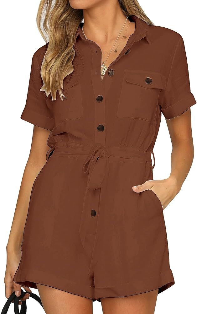 GRAPENT Women's Summer Short Sleeve Button Down Pockets Belted Jumpsuits Rompers | Amazon (US)