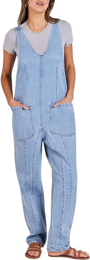 ANRABESS Women Denim Overalls Sleeveless V Neck Casual Jean Pants Jumpsuits Loose Baggy Jumper Fa... | Amazon (US)