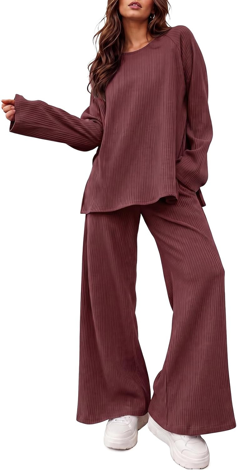 Fisoew Womens 2 Piece Lounge Sets Oversized Tops Wide Leg Pant with Pockets | Amazon (US)