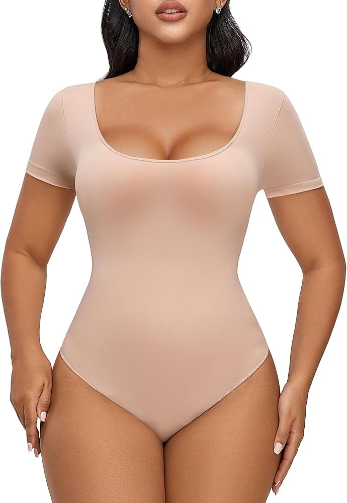 SHAPERX Seamless Short Sleeve Bodysuit for Women Tummy Control Shapewear Thong Sculpting Body Sha... | Amazon (US)