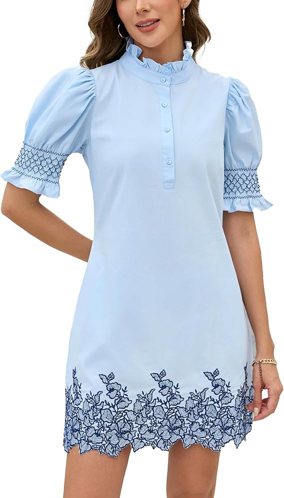 YEXPINE Women's Summer Embroidered Mini Dress Short Puff Sleeve Ruffle Collar Button Front Shift ... | Amazon (US)