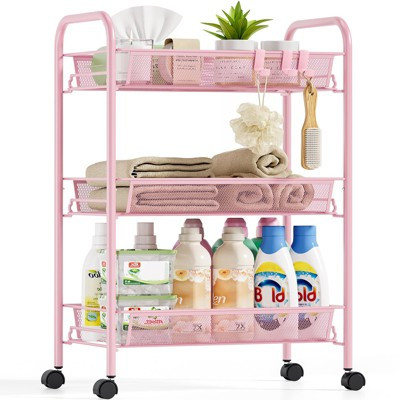 Metal Rolling Utility Cart, 3-Tier Mesh Wire Storage Trolley,Organizer Craft Cart 3 Hooks Pink-3-Tier 24.8''×17.2''×10.2'' | Target