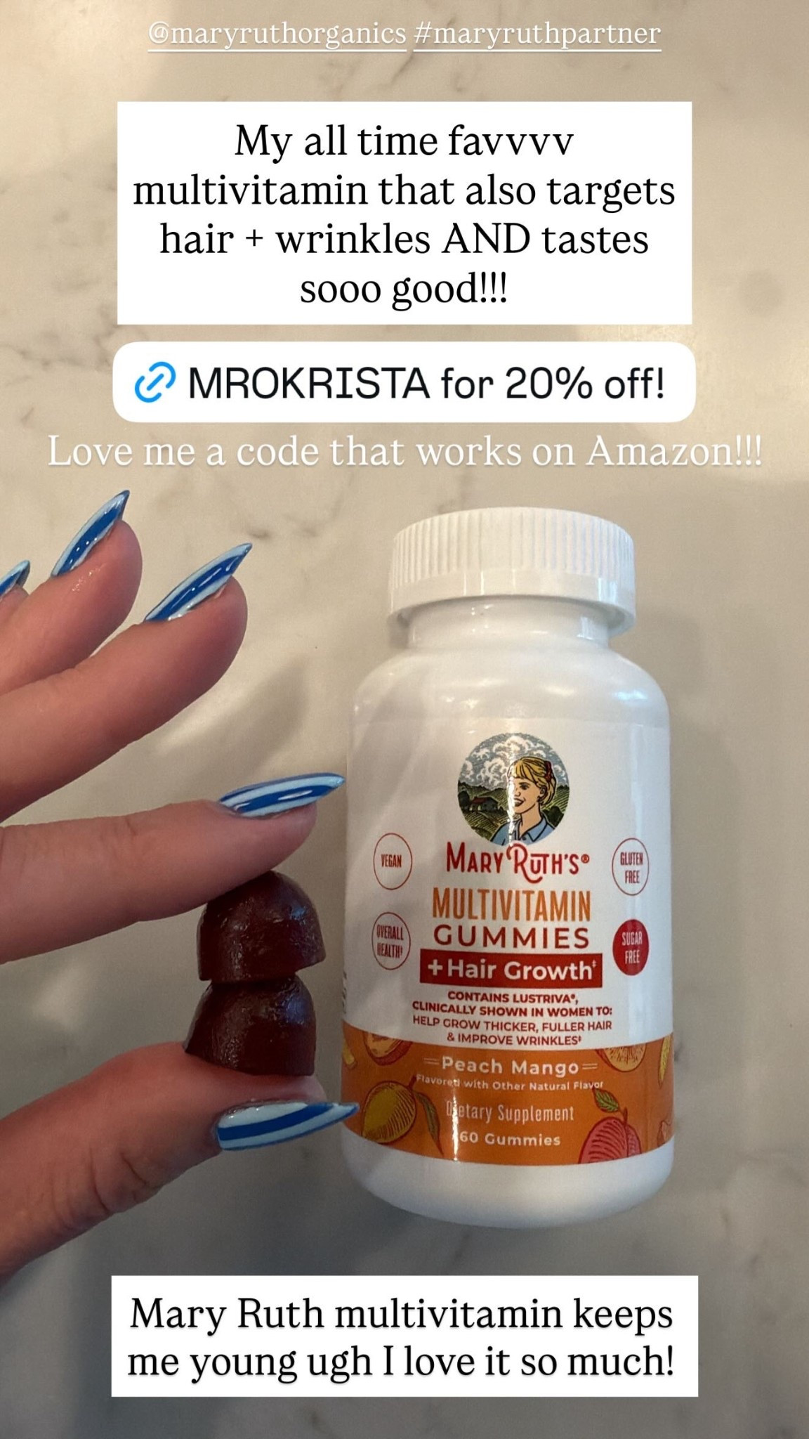 Mary Ruth multivitamin keeps me young ugh I love it so much! My all time favvvv multivitamin that also targets hair + wrinkles AND tastes sooo good!!! Love me a code that works on Amazon!!! @maryruthorganics #maryruthpartner