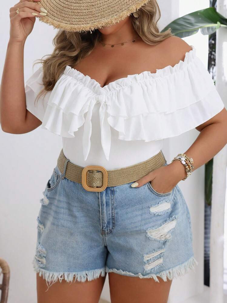 SHEIN VCAY Plus Size Women's Summer Slim Fit Off Shoulder T-Shirt With Frill Trim | SHEIN