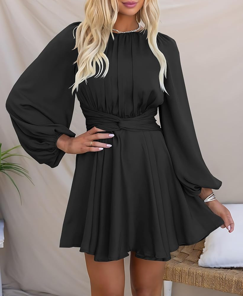 MITILLY Women's Elegant Satin Long Sleeve Round Neck Wrap Tie Waist Flowy Cocktail Party Mini Dre... | Amazon (US)