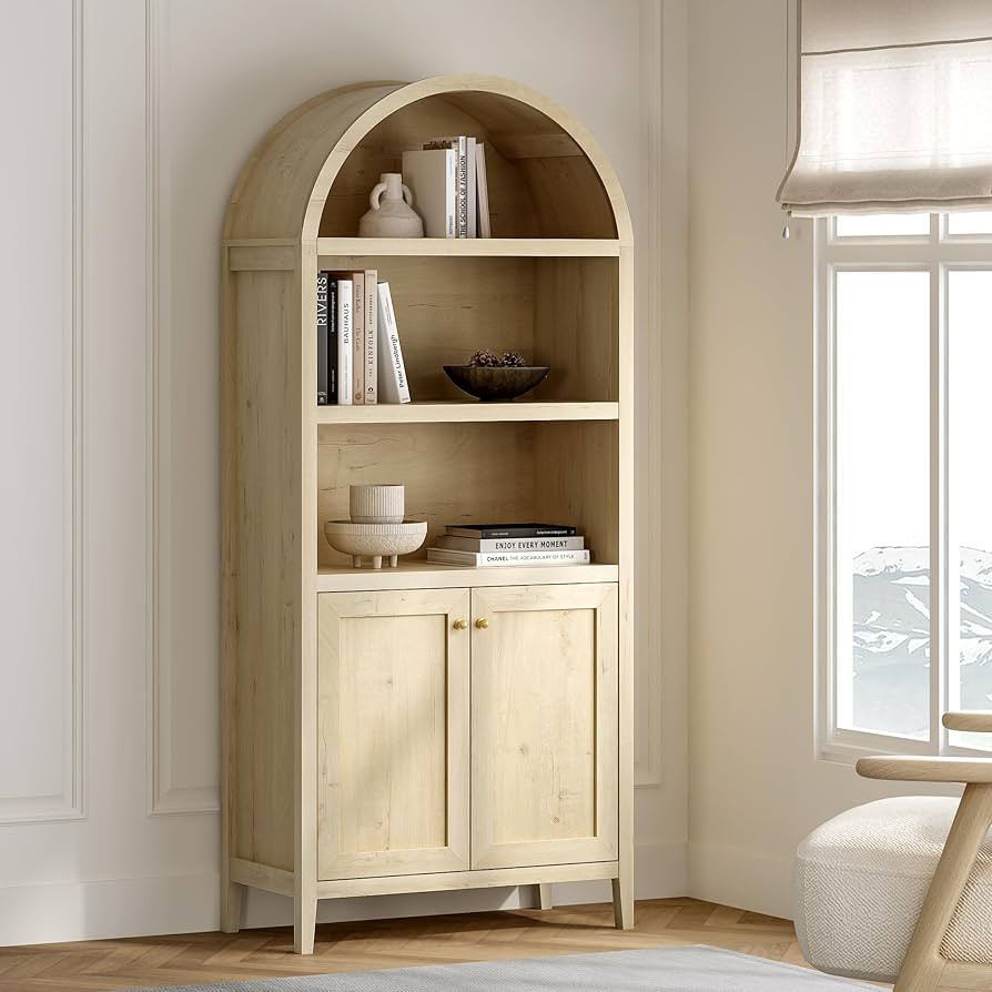 71" Tall Arched Cabinet, 5-Tier Arched Bookcase Storage Display Cabinet with Doors and Shelves, M... | Amazon (US)