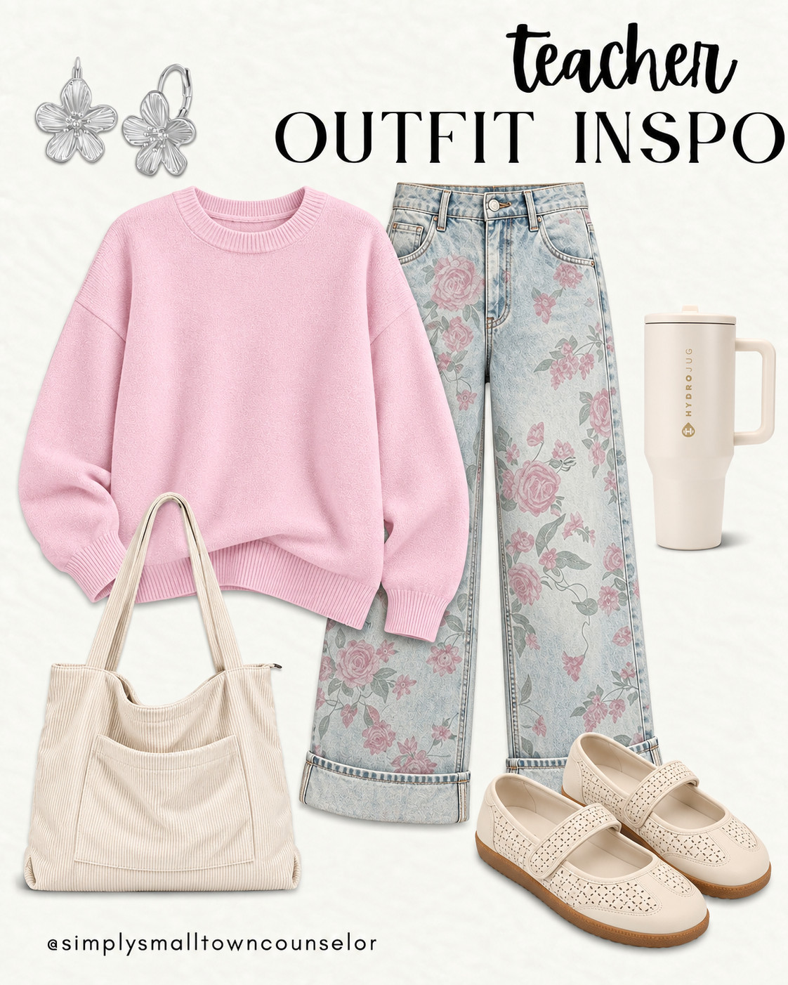 teacher outfit inspo 🌸 A cozy pink sweater, floral jeans & the cutest Mary Jane flats! A comfy classroom look with a little pop of pink. 🩷 

 #LTKWorkwear
