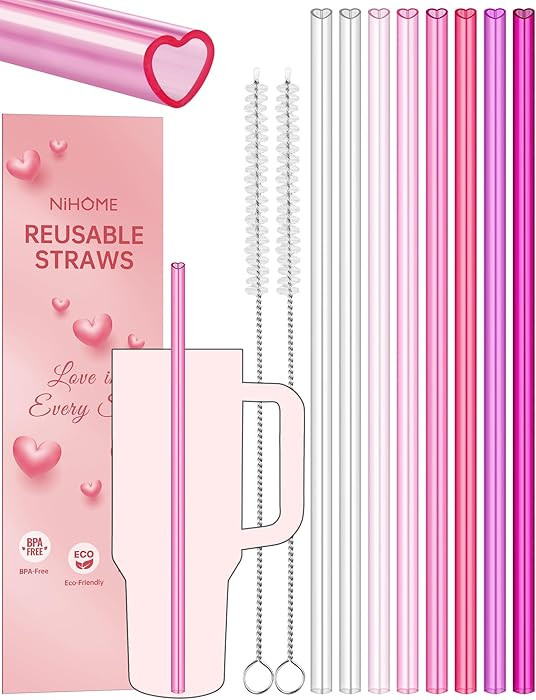 NiHome 8-Pack 12" Reusable Heart Shaped Straws Fit for Stanley Tumbler 40/30/64oz, Gradient Pink ... | Amazon (US)