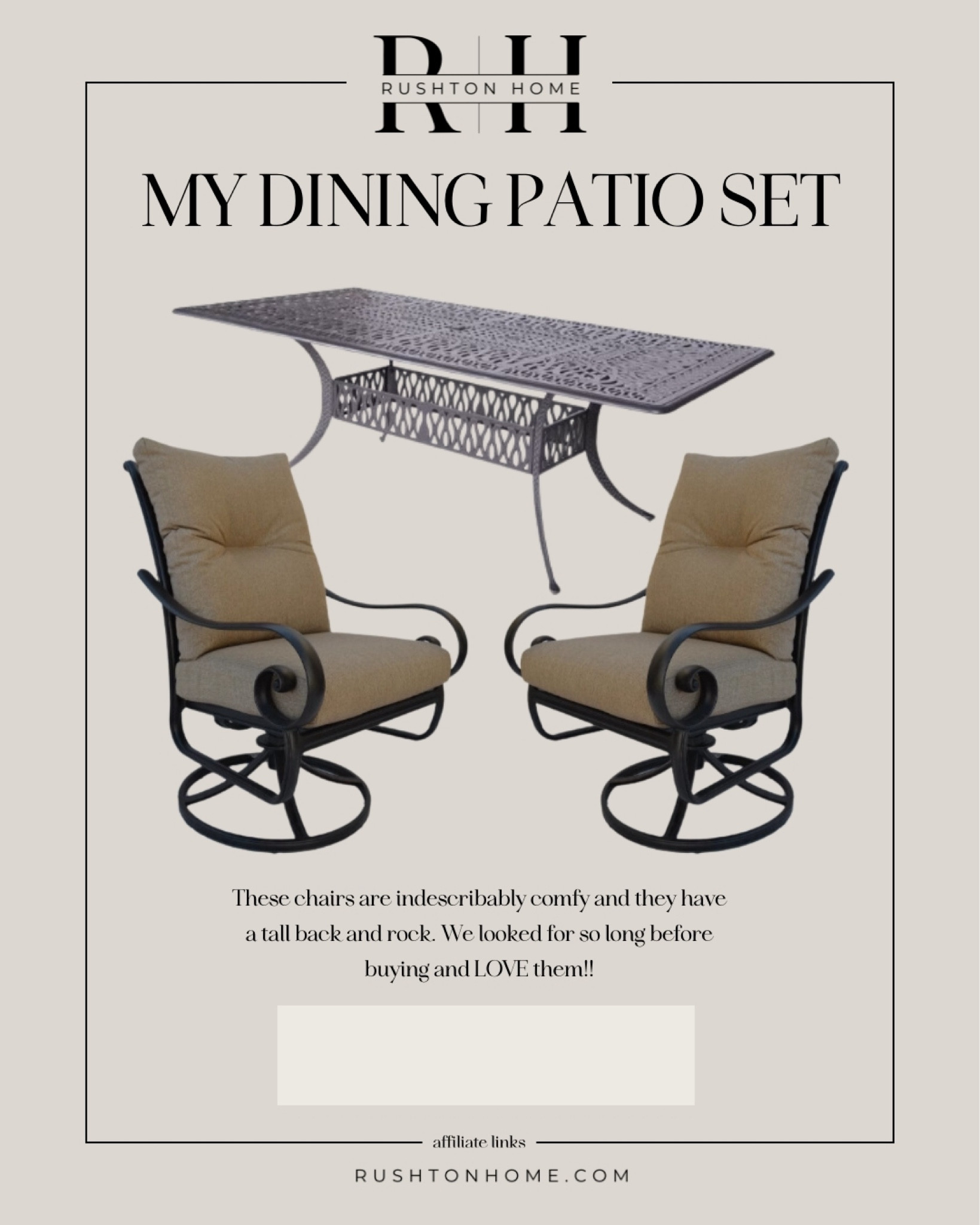 This is the set that we have in our dining patio and we absolutely love it!! we spent so long looking for the right fit, and this is it in every way. The table is enormous!  The chairs have such a tall back and rock. And the cushions are so thick and comfortable. This table has been perfect in every way for us. We fit six chairs around it, and it makes for a really nice eating space outside. Very heavy high quality set.


#LTKHome