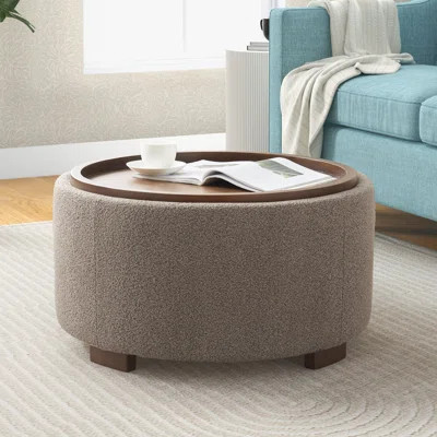 Caysey 30.1" W Upholstered Round Storage Ottoman with Wooden Tray | Wayfair North America