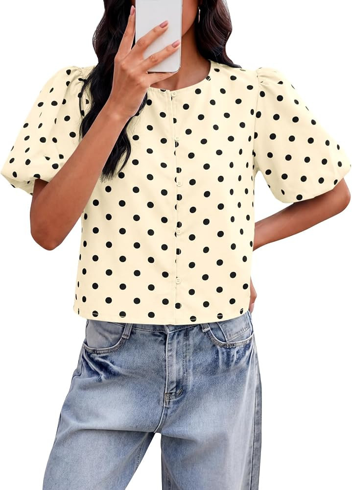 Tankaneo Womens Cropped Tops Puff Sleeve Button Down Shirts Trendy Casual Loose Fit Cute Blouse | Amazon (US)