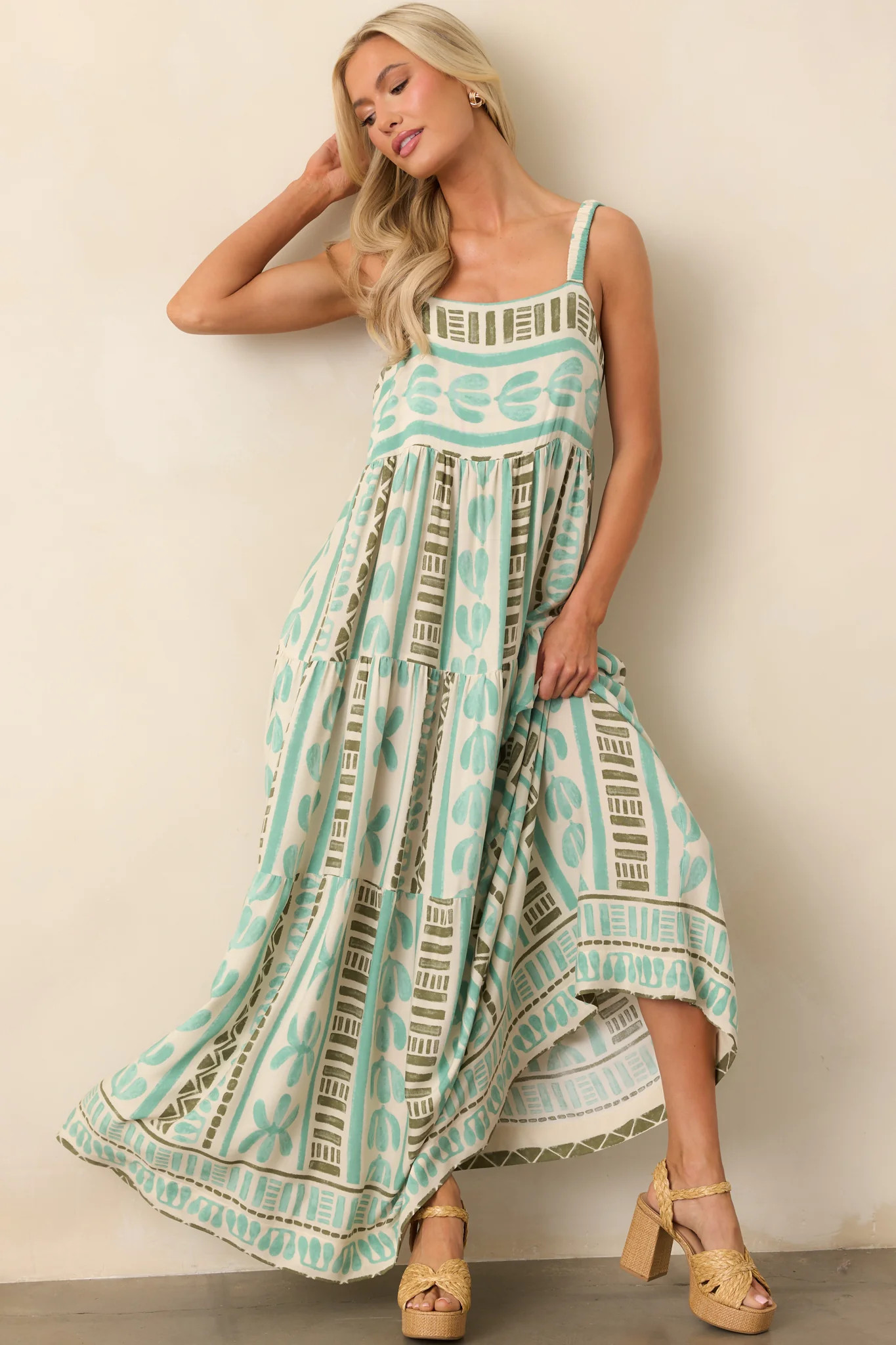 Just The Beginning Seafoam Green Tropical Print Maxi Dress | Red Dress