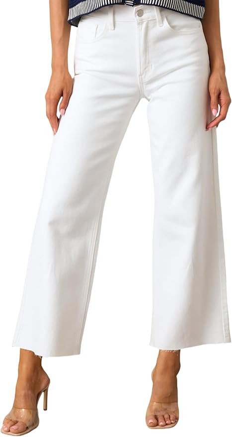 Allimy Women's High Waisted Straight Ankle Wide Leg Ripped Jeans Frayed Hem Stretchy Capri Denim ... | Amazon (US)