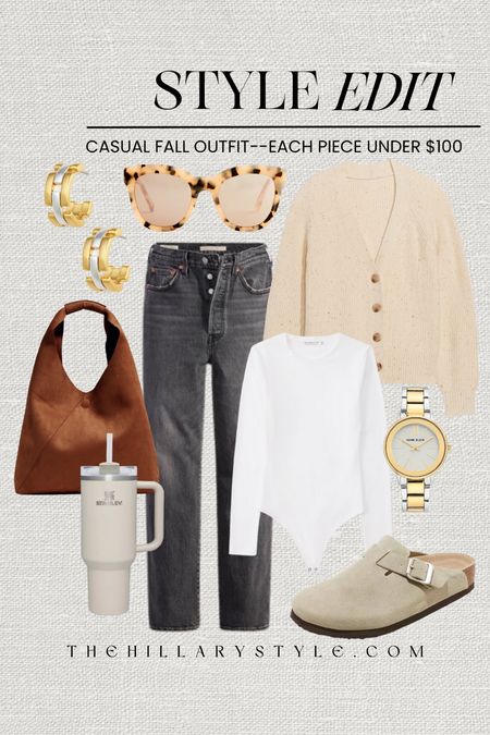 Style Edit: Casual Fall Out Outfit Under $100: straight leg gray denim, white body suit, shaker stitch cardigan, clogs; hobo bag, mixed metal hoops, tortoiseshell sunglasses, mixed metal watch, Stanley cup. Levi’s, Abercrombie, Old Navy, Target, Nordstrom, Madewell, Banana Republic, JCrew, Anne Kline, Stanley.

#LTKfindsunder100 #LTKSeasonal #LTKstyletip