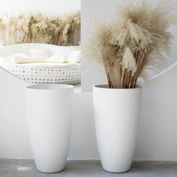 Tall Round Planter, Large Tall White Planter with Tray | Wayfair North America