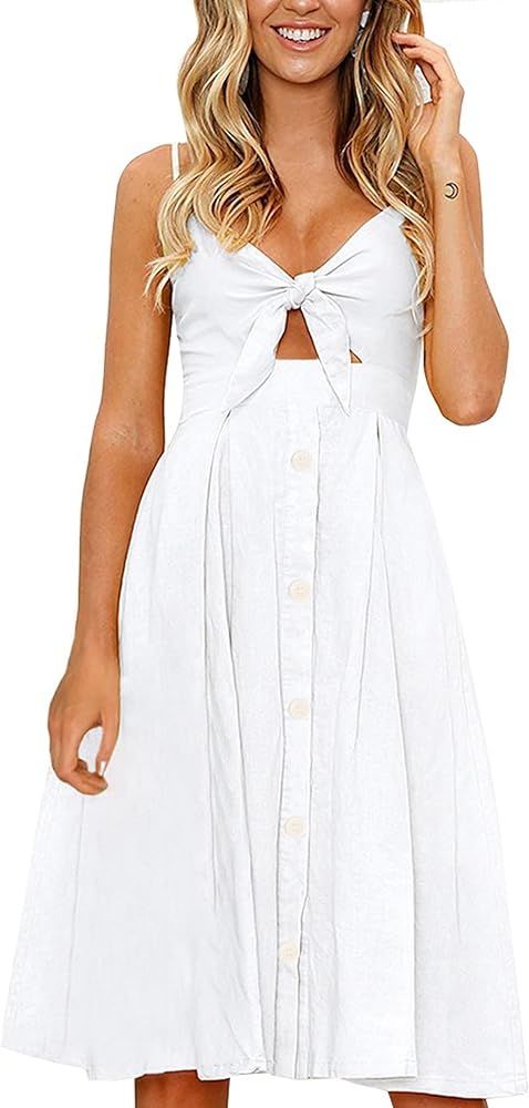 FANCYINN Women's Tie Front Summer Midi Dress V Neck Floral Print Button Down Spaghetti Strap Dres... | Amazon (CA)