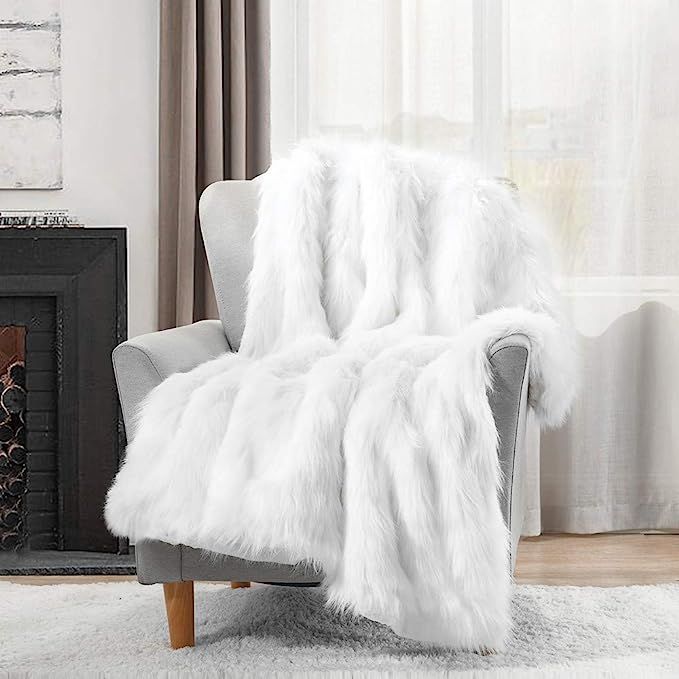 Luxury Plush Faux Fur Throw Blanket, Long Pile White Throw Blanket, Super Warm, Fuzzy, Elegant, F... | Amazon (US)