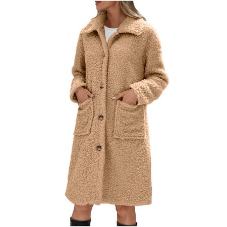 QQAMB Women s Sherpa Warm Jackets Long Sleeve Lapel Loose Fuzzy Coat Winter Fashion Button Down Casual Long Teddy Coats Khaki 2XL | Walmart (US)